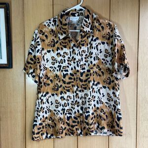 Vintage 80s K Arnold 100% Silk Animal Print Short Sleeve Blouse SZ L